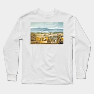 Blue sky with mountains and farmers Long Sleeve T-Shirt